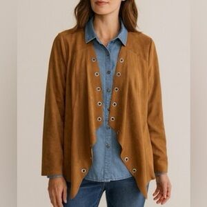 Chico's Tan Faux Suede Grommet Trim Open Drape Cardigan Jacket XL